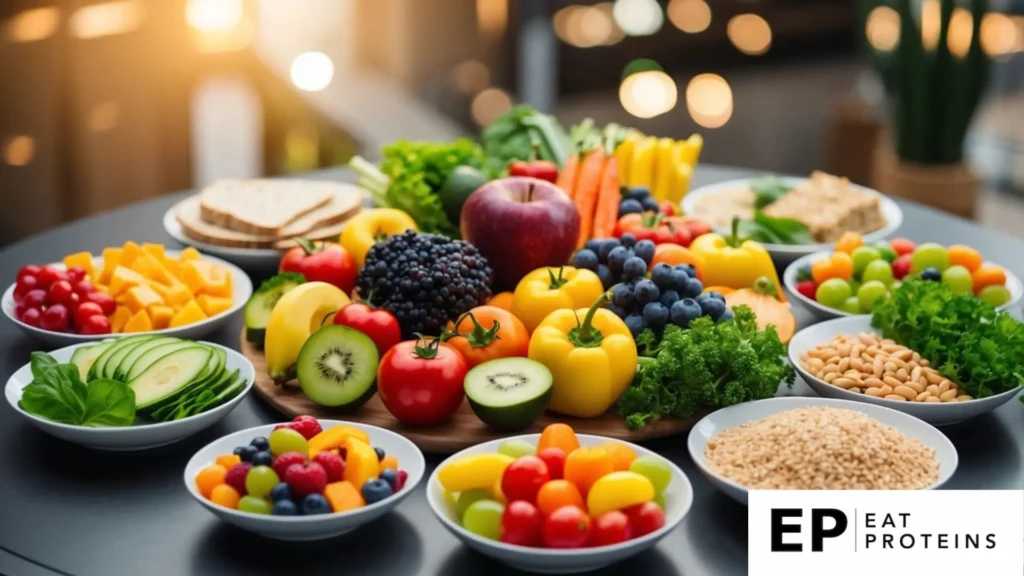 A table set with a variety of heart-healthy foods, including colorful fruits, vegetables, lean proteins, and whole grains, arranged in an appealing and balanced display