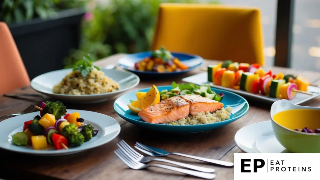 A table set with colorful, healthy dinner dishes: grilled salmon, quinoa salad, roasted vegetables, and fruit skewers