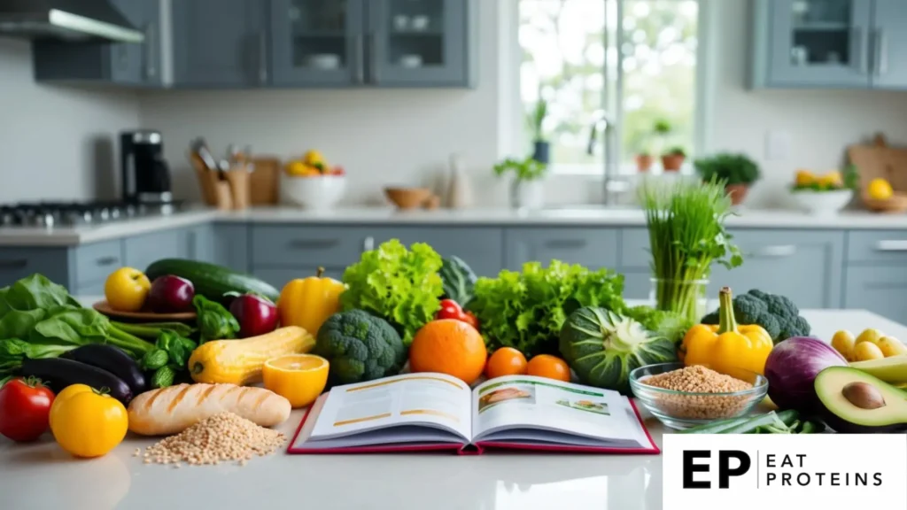 A kitchen counter with a variety of fresh fruits, vegetables, whole grains, and lean proteins. A cookbook open to a page with a recipe for a diabetic-friendly meal