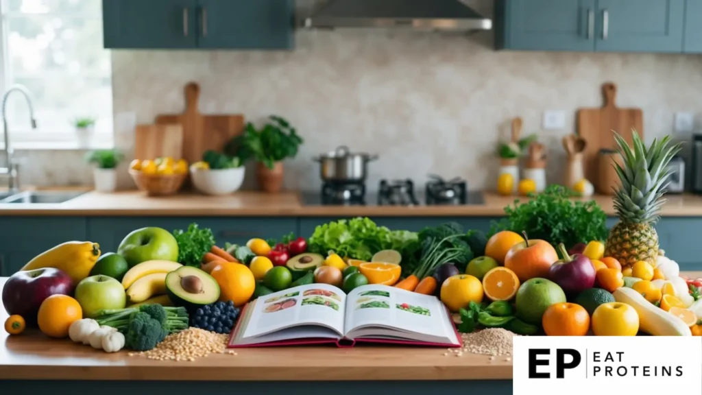 A colorful array of fresh fruits, vegetables, and whole grains arranged on a kitchen counter, with a cookbook open to a page of healthy recipes