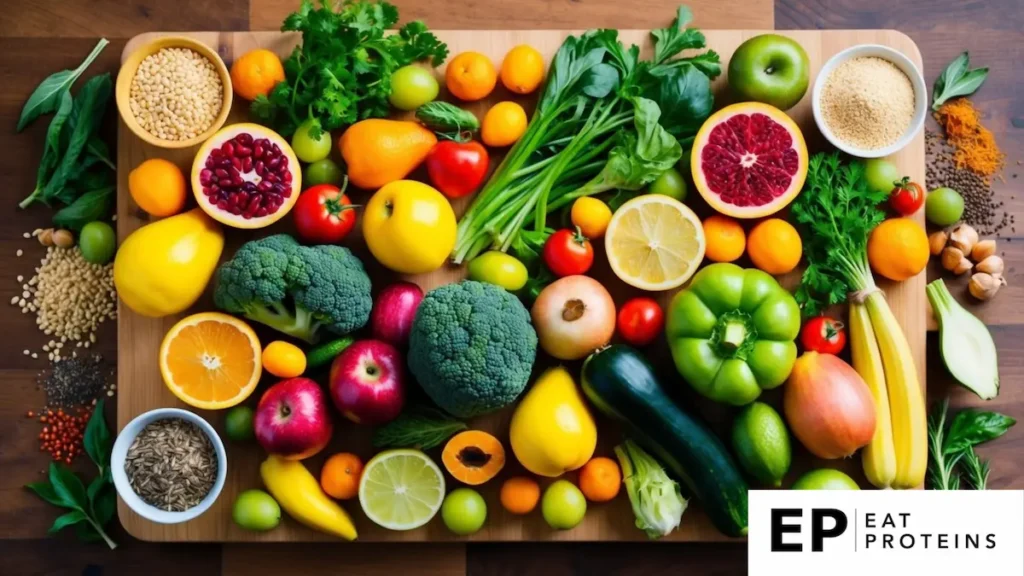 A colorful array of fresh fruits, vegetables, whole grains, and lean proteins arranged on a wooden cutting board, surrounded by vibrant herbs and spices