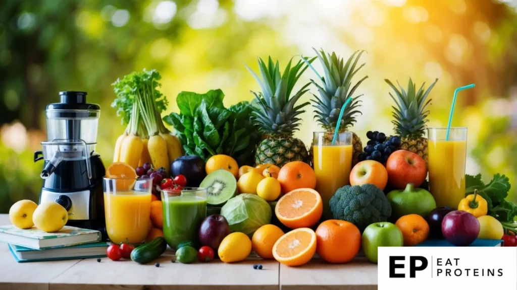 A colorful array of fresh fruits and vegetables, ready to be juiced, surrounded by vibrant green leaves and a variety of juicing equipment