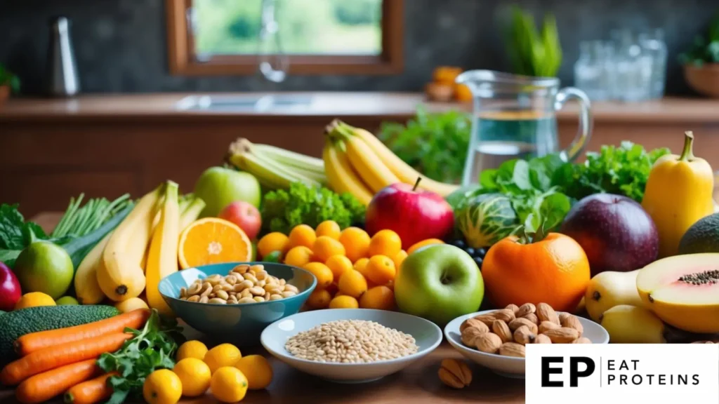 A table filled with colorful, fresh fruits, vegetables, and whole grains. A pitcher of water and a bowl of nuts are also present