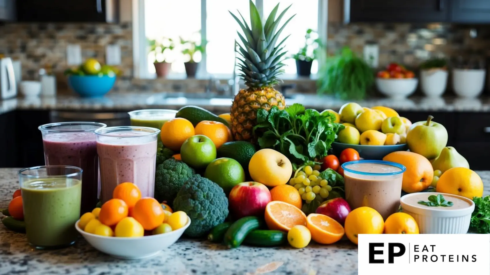 A colorful array of fresh fruits and vegetables, alongside various containers of blended smoothies and soups, displayed on a kitchen countertop