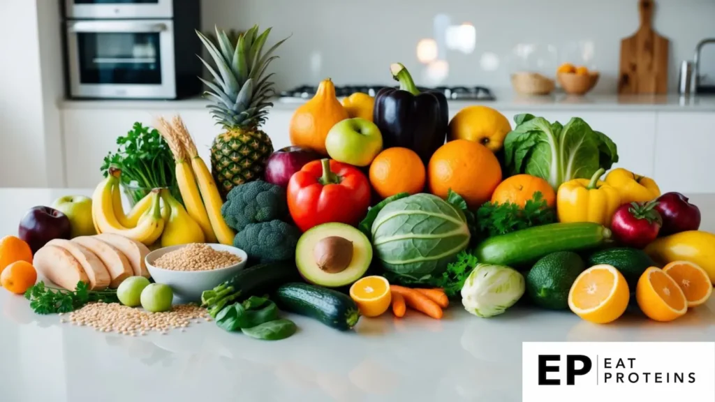 A colorful array of fresh fruits, vegetables, whole grains, and lean proteins arranged on a clean, modern kitchen countertop