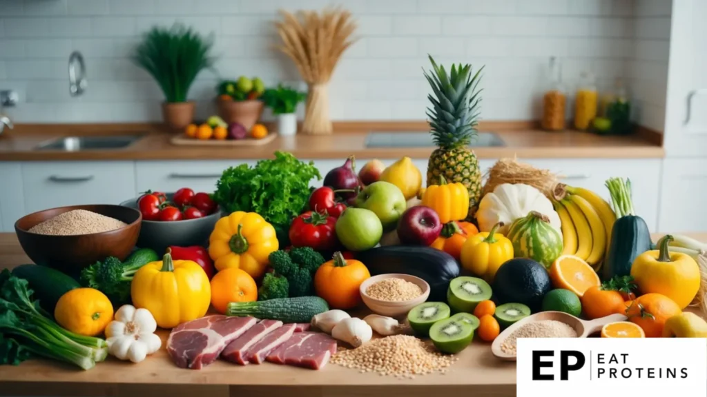 A colorful array of fresh fruits, vegetables, meats, and grains spread out on a kitchen counter, ready to be used for creating delicious low FODMAP diet recipes