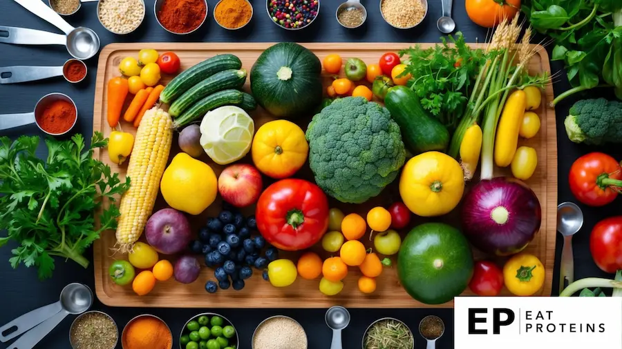 A colorful array of fresh vegetables, fruits, and whole grains arranged on a wooden cutting board, surrounded by measuring spoons and a variety of herbs and spices