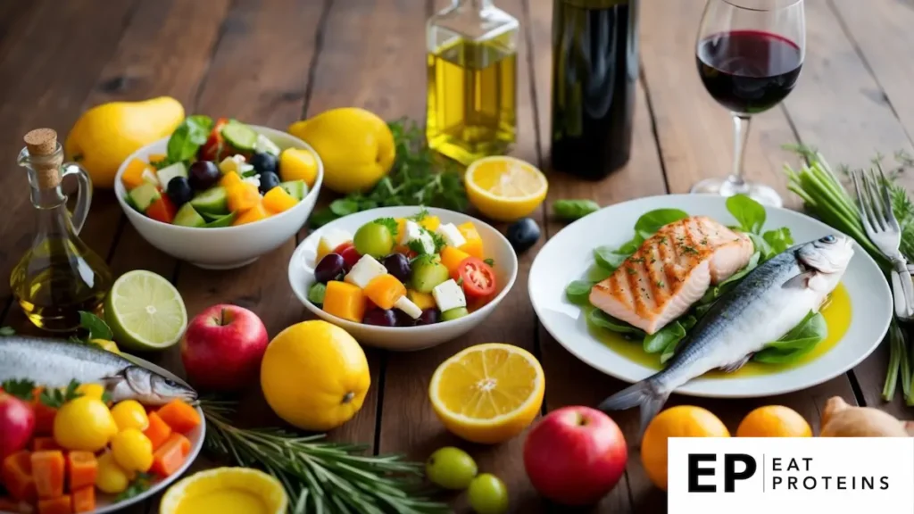 A table spread with colorful fruits, vegetables, fish, and olive oil. A bowl of Greek salad, a plate of grilled fish, and a glass of red wine