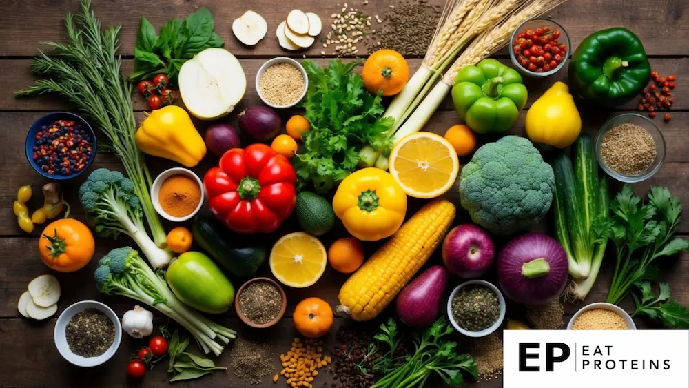 A colorful array of fresh vegetables, fruits, and grains arranged on a rustic wooden table, with a variety of Mediterranean herbs and spices scattered around