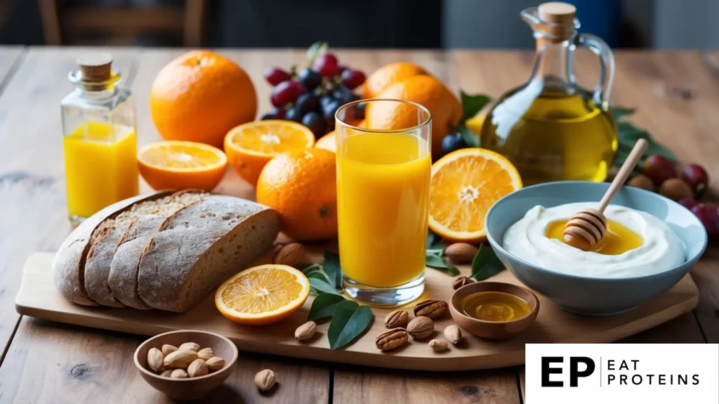 A table set with colorful fruits, whole grain bread, olive oil, and nuts. A glass of orange juice and a bowl of Greek yogurt with honey