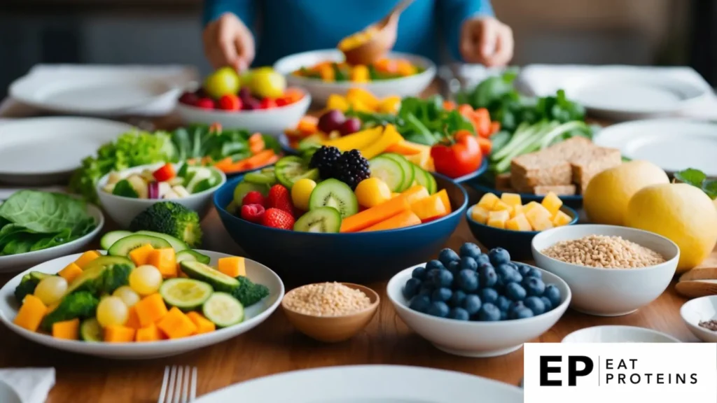 A table set with a variety of colorful, nutrient-rich foods such as fruits, vegetables, lean proteins, and whole grains, with a focus on portion control and low-sodium options