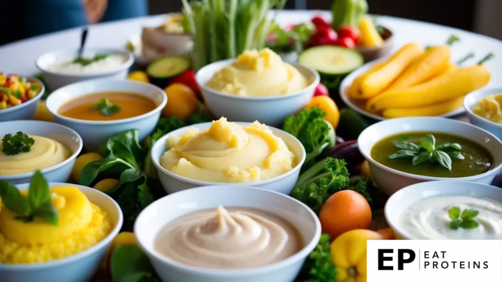 A table set with a variety of soft food dishes, including mashed potatoes, pureed soups, and yogurt parfaits, surrounded by colorful fruits and vegetables