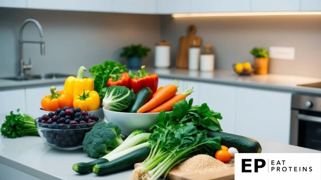 A colorful array of fresh vegetables, lean proteins, and whole grains displayed on a clean, modern kitchen counter