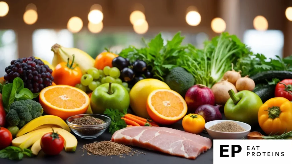 A table filled with colorful, nutrient-rich fruits, vegetables, and lean meats. A variety of herbs and spices are scattered around the ingredients