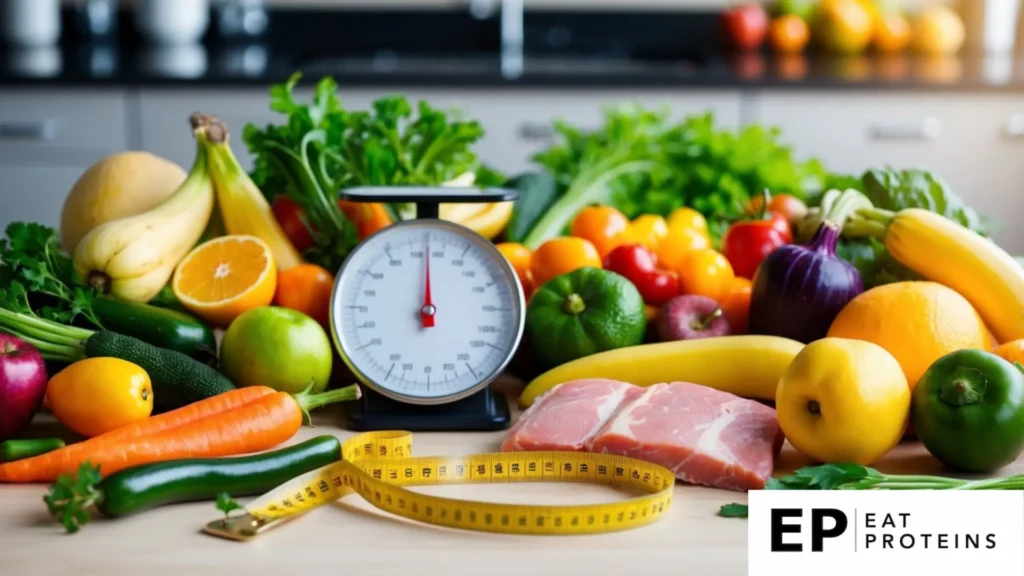 A table filled with colorful fruits, vegetables, and lean proteins. A measuring tape and scale sit nearby, symbolizing progress and success