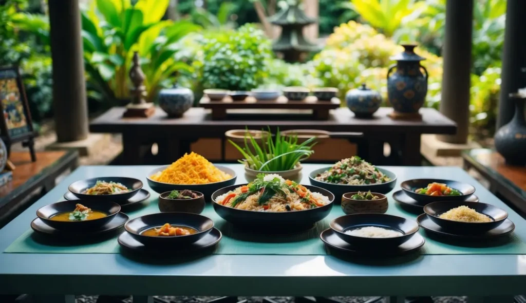 A table set with traditional Okinawan ingredients and dishes, surrounded by lush greenery and cultural artifacts