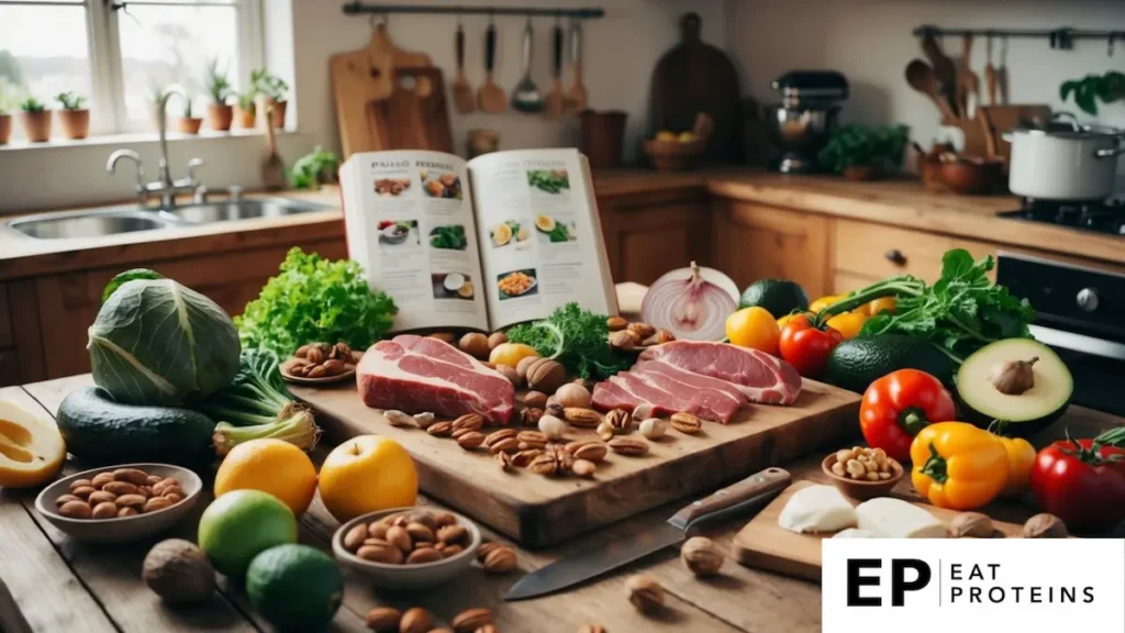 A rustic kitchen with fresh produce, meat, and nuts laid out on a wooden table, surrounded by vintage cooking utensils and a cookbook open to a page of paleo recipes