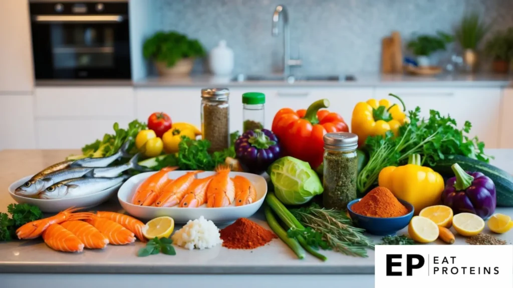 A colorful array of fresh seafood, vibrant vegetables, and flavorful herbs and spices arranged on a clean, modern kitchen countertop