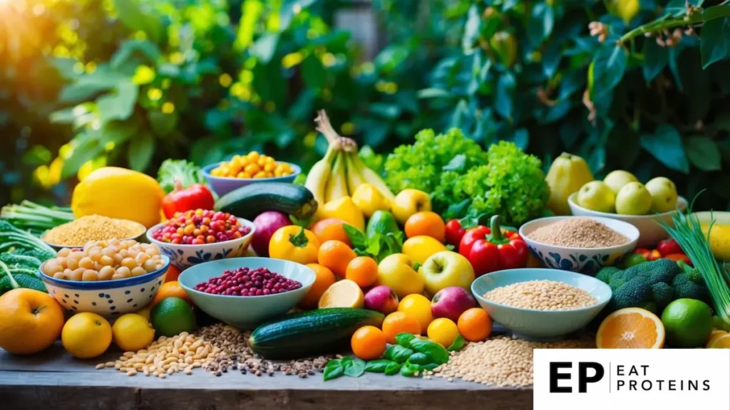 A colorful array of fresh fruits, vegetables, grains, and legumes spread out on a rustic wooden table, surrounded by vibrant greenery and natural light