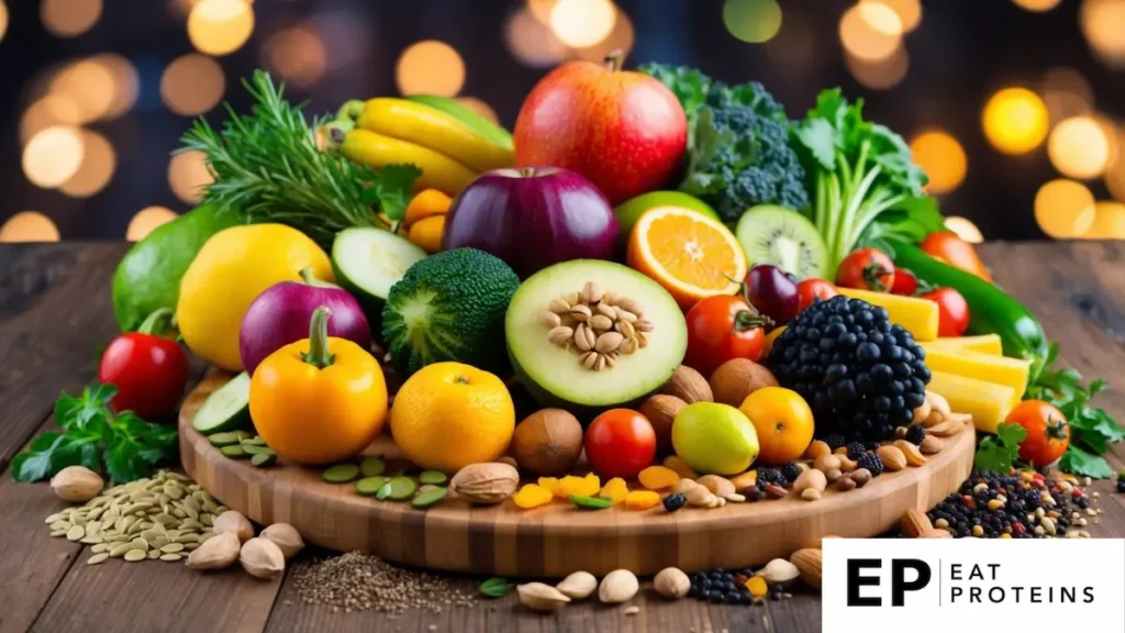 A vibrant array of fresh fruits, vegetables, nuts, and seeds displayed on a wooden cutting board, surrounded by colorful herbs and spices