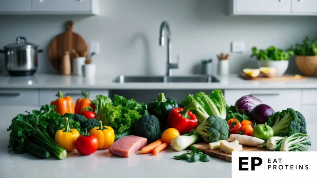 A colorful array of fresh vegetables, lean proteins, and healthy fats arranged on a clean, modern kitchen countertop