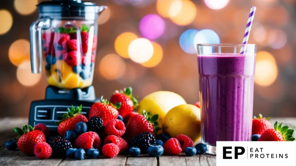 A colorful array of fresh berries, a blender, and a glass filled with a vibrant purple smoothie