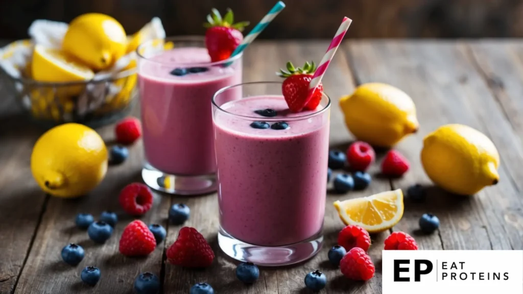 A glass of berry lemonade smoothie surrounded by fresh berries and lemons on a rustic wooden table