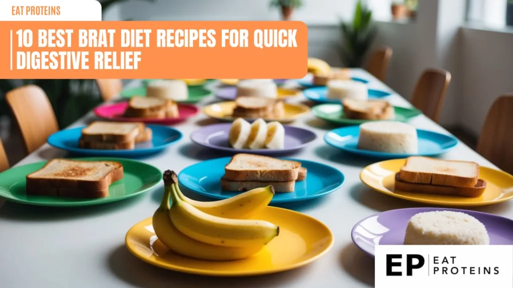 A table with 10 colorful plates of bland, easily digestible foods like toast, bananas, and rice