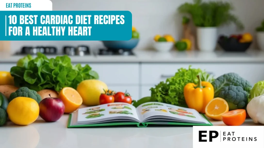 A kitchen counter with fresh fruits, vegetables, and lean proteins. A cookbook open to a page with healthy cardiac diet recipes