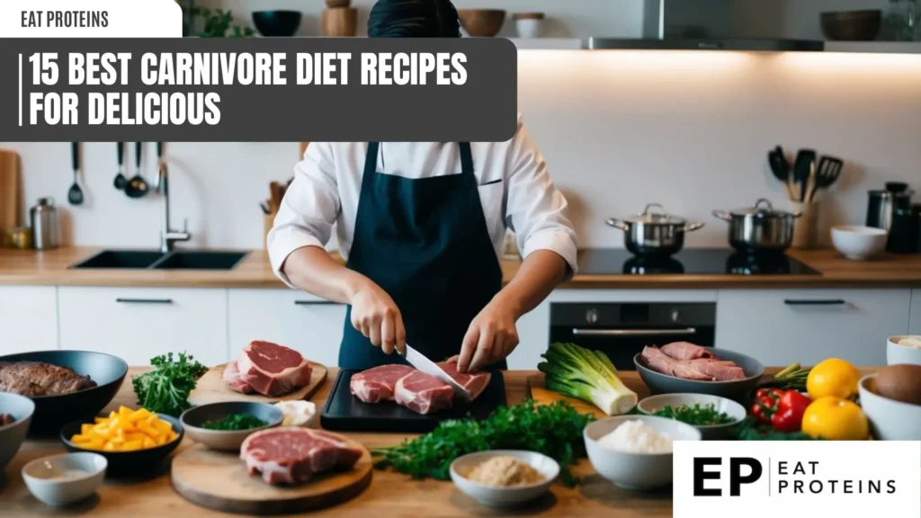 A man is cutting meat on a table, surrounded by a variety of raw meats, including steak, chicken, and fish. These are laid out on a wooden cutting board alongside fresh vegetables and herbs