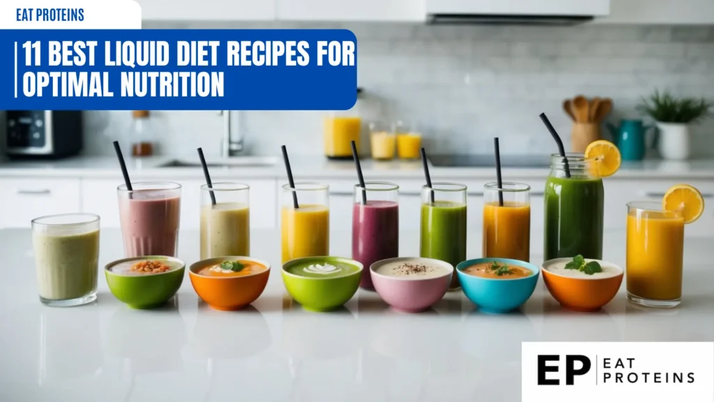 A colorful array of 11 different liquid diet recipes, including smoothies, juices, and soups, arranged on a clean, white countertop