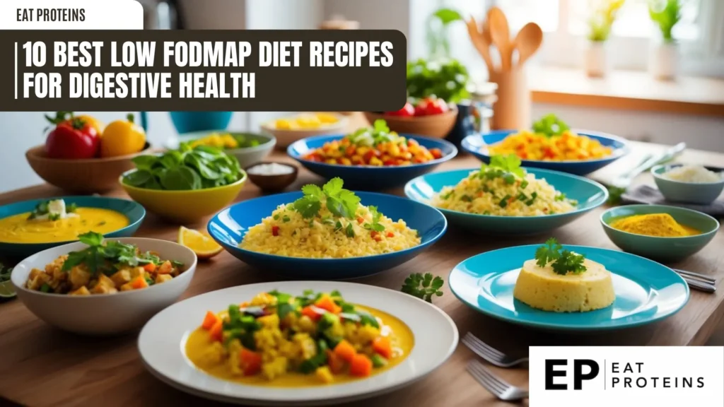 A table set with colorful dishes of low FODMAP recipes surrounded by fresh ingredients and cooking utensils