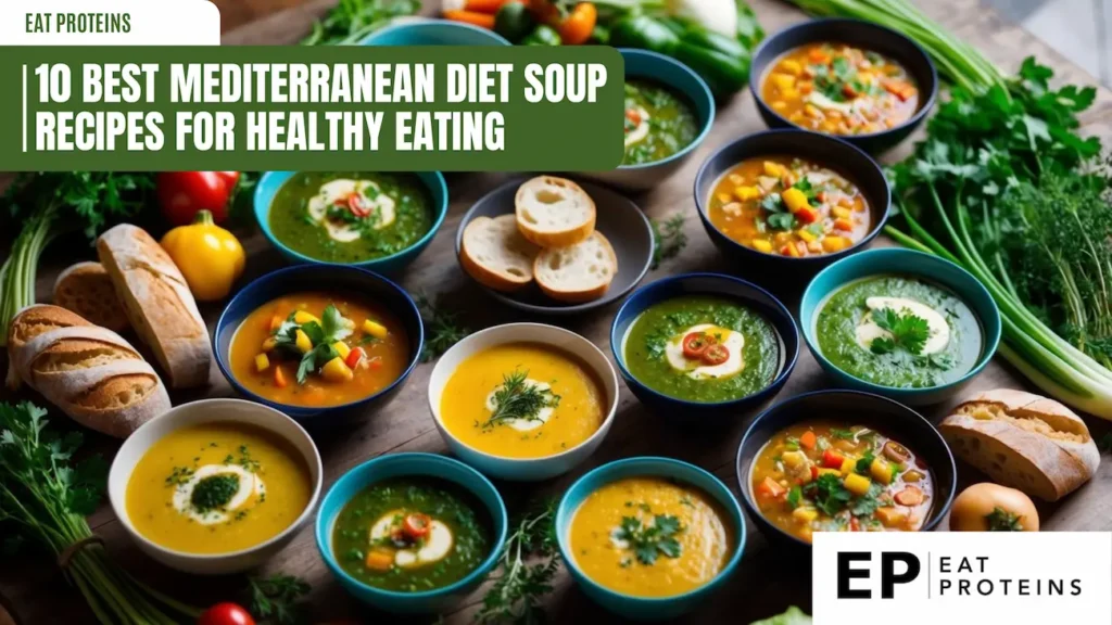 A table set with 10 bowls of colorful Mediterranean diet soups, surrounded by fresh herbs, vegetables, and rustic bread