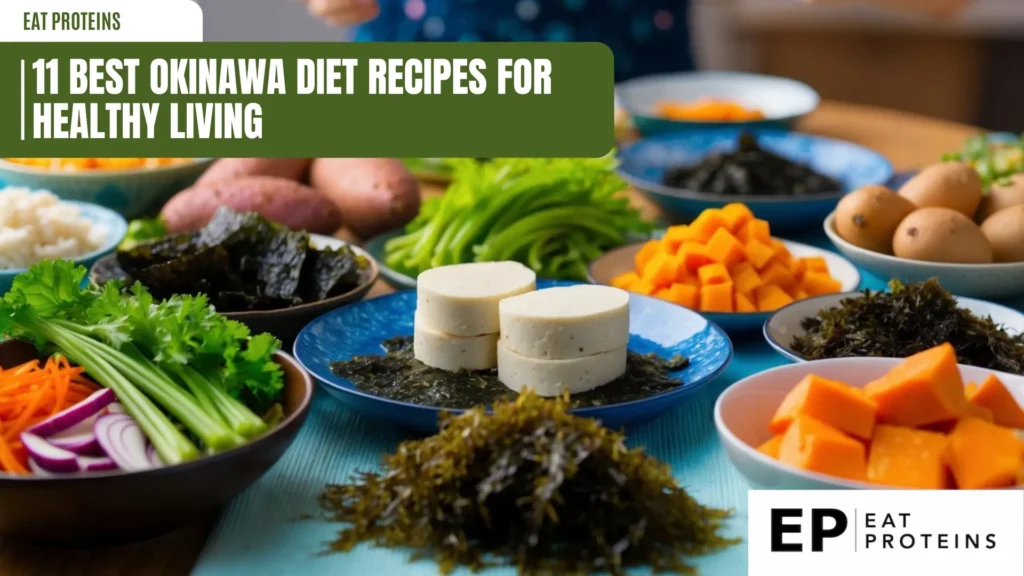 A table filled with vibrant, fresh ingredients like seaweed, tofu, sweet potatoes, and colorful vegetables for the Okinawa diet recipes