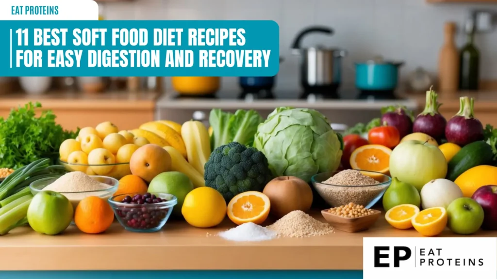 A colorful array of soft food ingredients, including fruits, vegetables, and grains, arranged on a kitchen counter