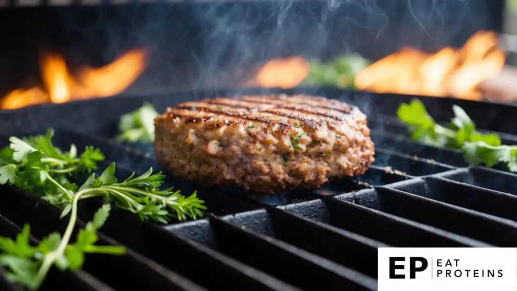 A sizzling bison burger patty on a grill, surrounded by fresh herbs and spices