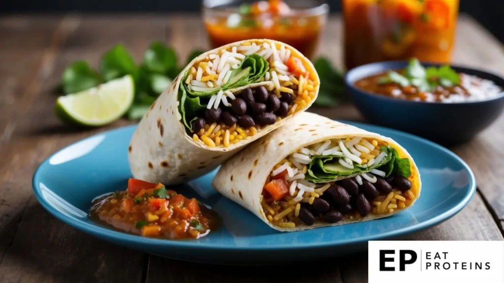 The image depicts a delicious and vibrant black bean and rice burrito, cut in half to reveal its fresh ingredients. It features fluffy white rice, black beans, leafy greens, and a colorful mix of red bell peppers, all wrapped in a warm flour tortilla. The burrito is served on a blue plate, accompanied by a side of chunky salsa. The background includes additional servings of salsa, lime, and fresh herbs, suggesting a wholesome, vegetarian meal