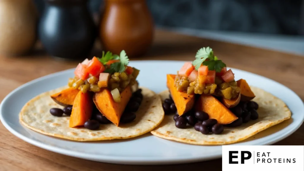 This image shows a dish of black bean and sweet potato tacos garnished with diced tomatoes, green chili, and cilantro, served on a soft tortilla. It appears to be a healthy, plant-based recipe suitable for a balanced diet, like the DASH (Dietary Approaches to Stop Hypertension) diet, which emphasizes vegetables, whole grains, and legumes