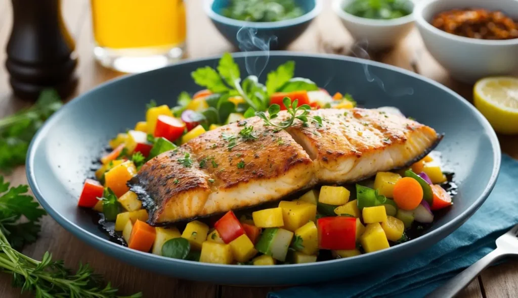 A sizzling blackened catfish fillet on a bed of colorful vegetables, surrounded by fresh herbs and spices