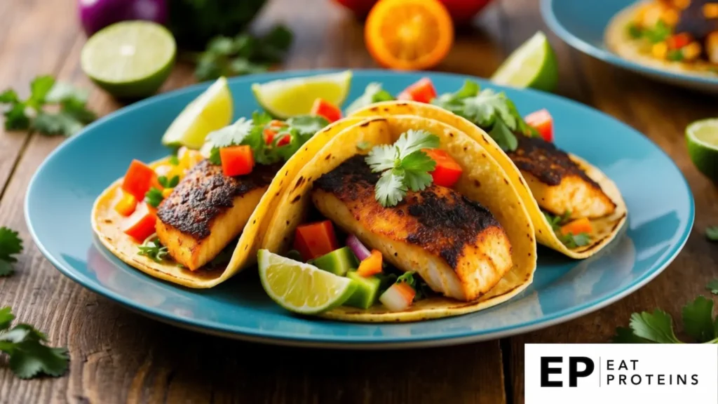 A plate of blackened tilapia tacos surrounded by colorful vegetables and garnishes on a wooden table