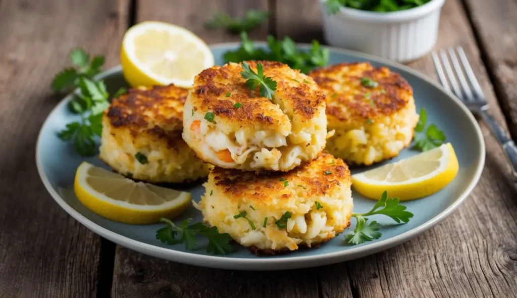 A plate of golden brown crab cakes surrounded by fresh herbs and lemon slices on a rustic wooden table