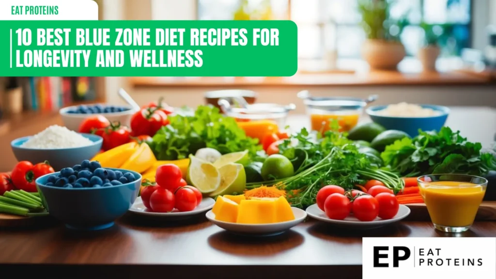 A table spread with colorful ingredients for blue zone diet recipes