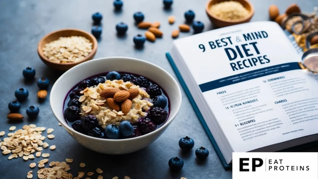 A bowl of blueberry almond overnight oats surrounded by scattered ingredients and a recipe book open to "9 best mind diet recipes."