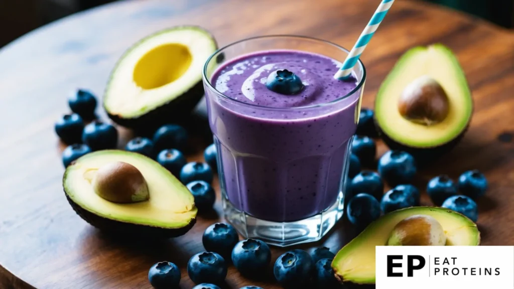 A glass filled with a vibrant blueberry avocado smoothie surrounded by fresh blueberries and sliced avocado on a wooden table