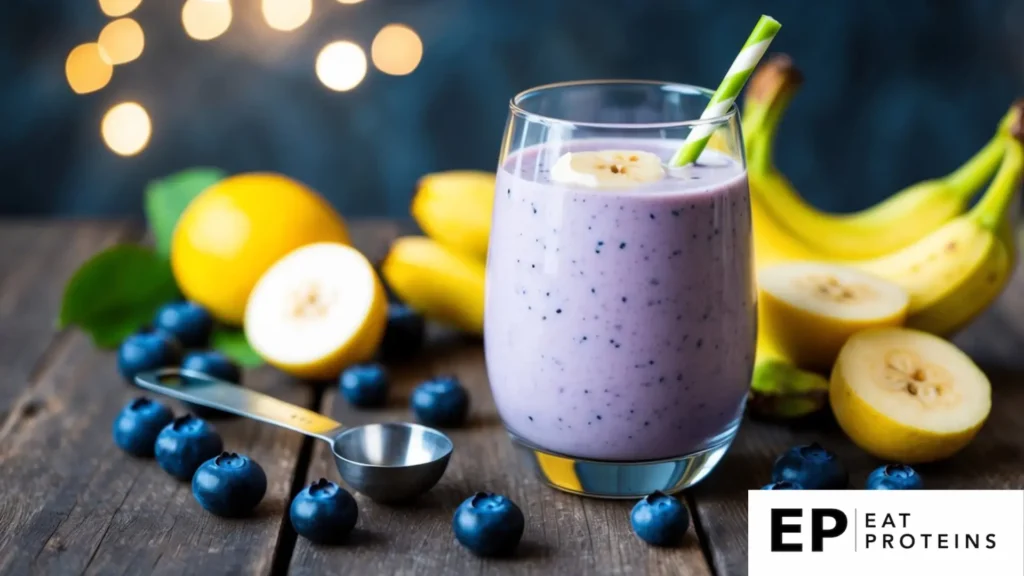 A glass filled with a creamy blueberry banana smoothie surrounded by fresh fruit and a measuring spoon