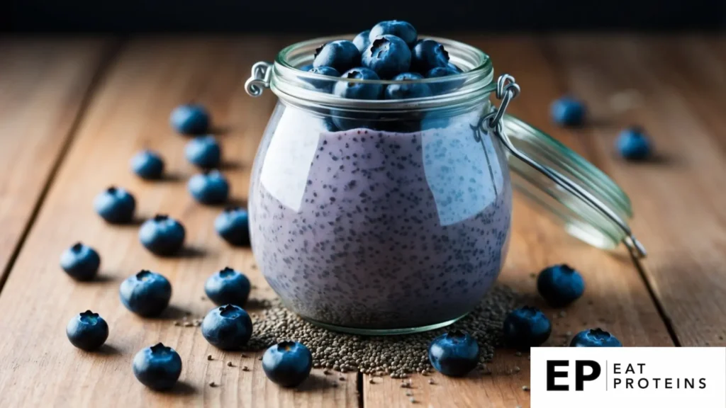 A glass jar filled with blueberry chia seed pudding surrounded by scattered blueberries and chia seeds on a wooden tabletop