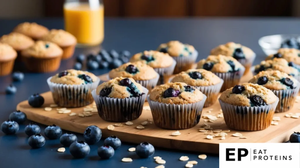 A table with freshly baked blueberry oatmeal muffins arranged on a wooden cutting board, surrounded by scattered blueberries and a sprinkle of oats