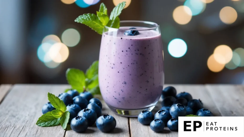 A glass filled with a creamy blueberry smoothie surrounded by fresh blueberries and a sprig of mint