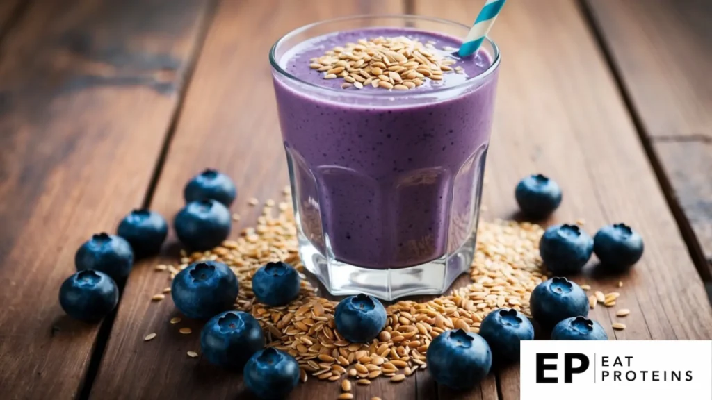 A glass of blueberry smoothie topped with flaxseeds surrounded by fresh blueberries and flaxseeds on a wooden table