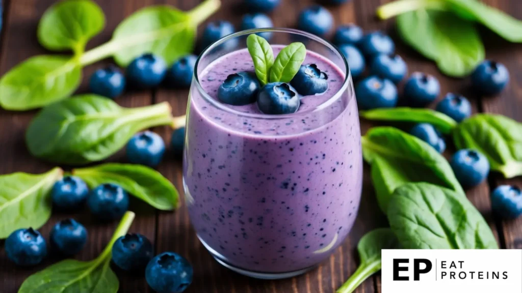 A glass filled with a vibrant blueberry spinach smoothie surrounded by fresh blueberries and spinach leaves